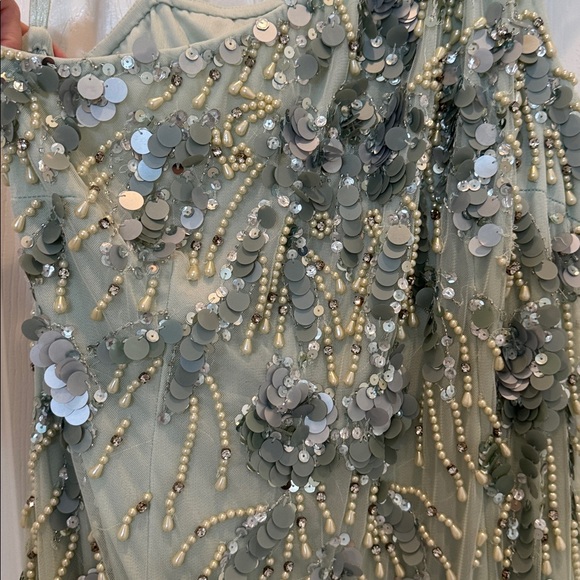 Mac Duggal Pale Mint One-Shoulder Sequin Floral Gown - Picture 9 of 10